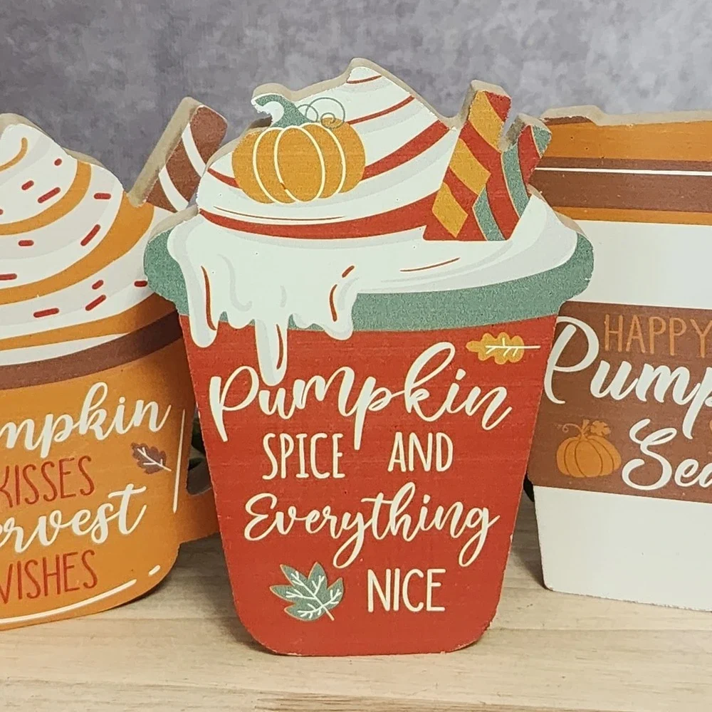 Pumpkin Spice Wood Signs Harvest Wishes Season Latte Coffee Mug Fall Autumn 3 Pc